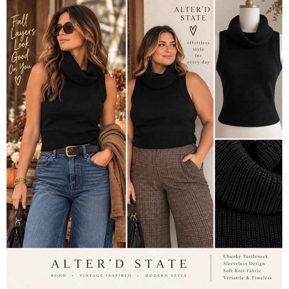 Altar'd State Black Sleeveless Turtleneck Sweater XL Chunky Knit Fall Top NWOT